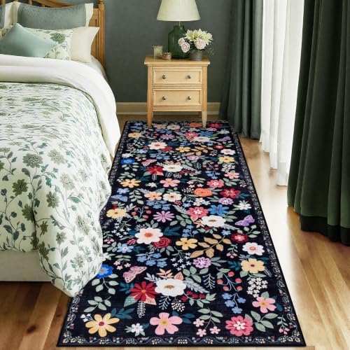 PLHXFR 2x5 Washable Runner Rug：Floral Indoor Kitchen Soft Carpet Black