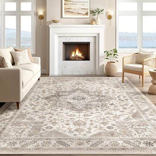 cotiled 6x9 Area Rug for Living Room, Washable, Traditional, Light Brown