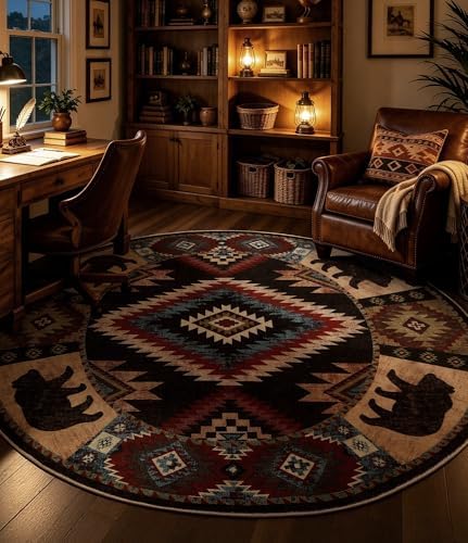 YIHOUSE Washable Western Cabin Round Rug, 4ft