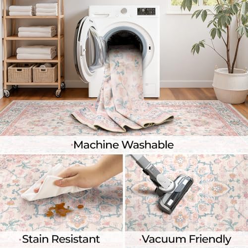 CAPALOCA Square 6ft Washable Nursery Girls Low Pile Area Rug Pink Teal