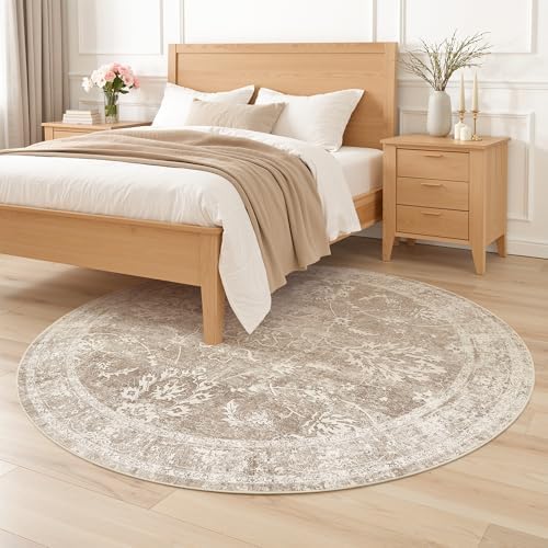 Madane Washable Round Rug 5ft for Living Room, Soft Neutral Rug Brown/Sand