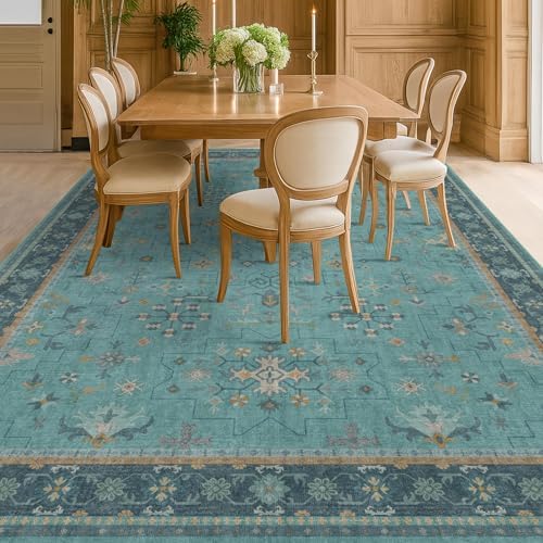 Boho 9x12 Large Teal Green Washable Living Room Rug - Vibrant Turquoise Rug for Bedroom Under Bed, Dining Room Under Table, Geometric Floral Low Pile & Soft Stain Resistant Carpet