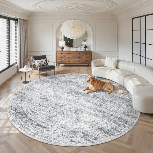 Soalmost Round Rugs 8ft Living Room Circle Area Rug 8x8 Grey Vintage