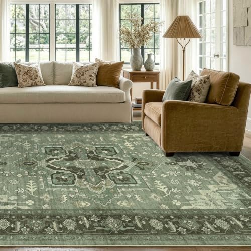 4x6 Ft Area Rugs for Living Room, Soft Non-Slip Machine Washable Rug, Vintage Stain Resistant Carpets for Bedroom Nursery Dining Room Home Decor (Green)