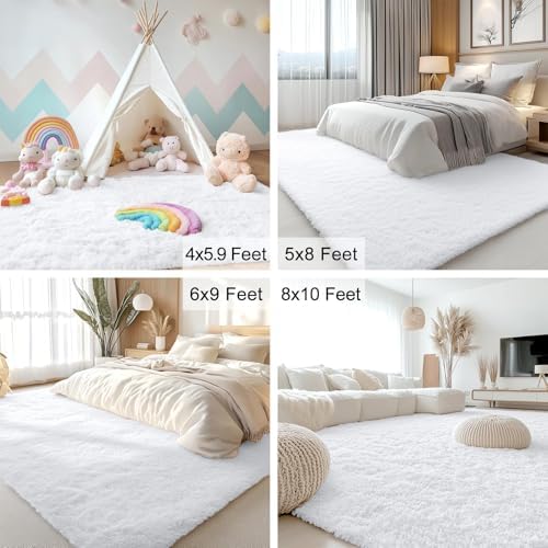 OLANLY 6x6 Area Rugs for Living Room Bedroom, Machine Washable Soft Fluffy Shaggy Bedside Rug, Indoor Floor Carpet for Kids Girls and Boys, Dorms, Nursery Rooms, Home Decor Aesthetic, White