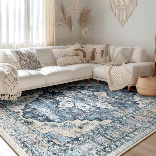 BESTSWEETIE Washable Boho 5x7 Area Rug, No Pile for Living Room, Blue Navy