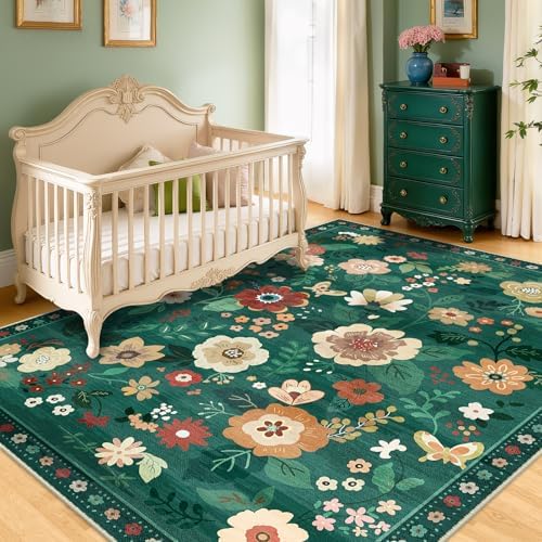 RELEANY Floral Washable 6x9 Area Rugs DarkGreen