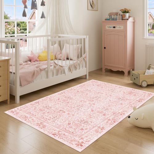 DUKINO 3x5 Rug, Washable Vintage Floral Bedroom Area Rug Non Slip, Pink