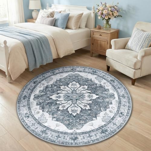 RELEANY Washable Area Rug, Round 4ft, Grey/White/Beige