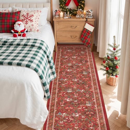 2x8 Christmas Runner Rug for Hallway,Washable Kitchen Rug,Red