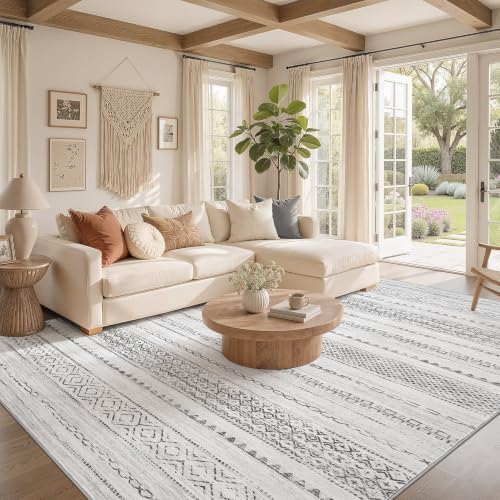 Nakagishi Area Rug Living Room Rugs: 12X15 Machine Washable Boho Large Neutral Farmhouse Stain Resistant Moroccan Indoor Floor Carpet for Bedroom Nursery Dorm Dining Room Home-Color Gray