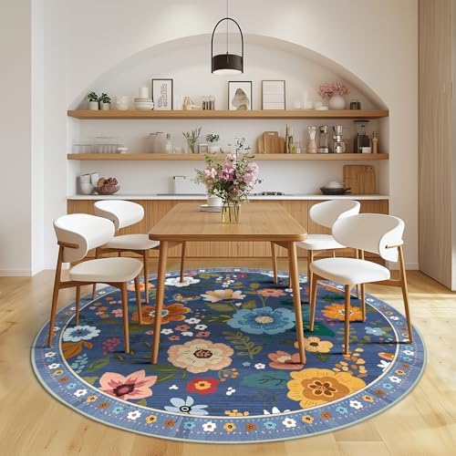 RELEANY Floral Washable Round 4ft Area Rug Blue/Grey