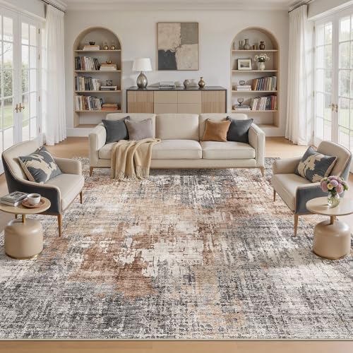 DMOYEST Square Area Rug Living Room Rugs - 12x12 Washable Extra Large Soft Indoor Neutral Modern Abstract Low Pile Rug Carpet for Bedroom Dining Room Farmhouse Home Office - Grey Brown