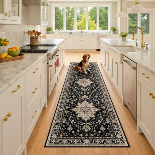 RELEANY Washable Area Rug, Runner 2'x8', Black/Neutral