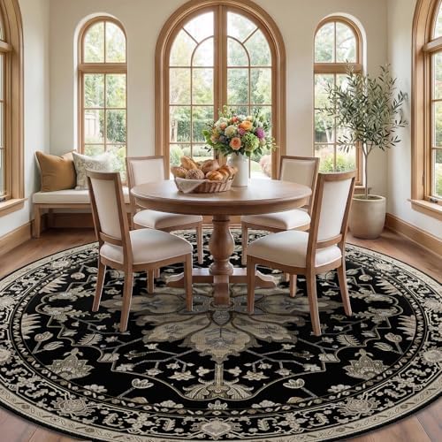 RELEANY Washable Area Rug, Round 10ft, Black/Neutral