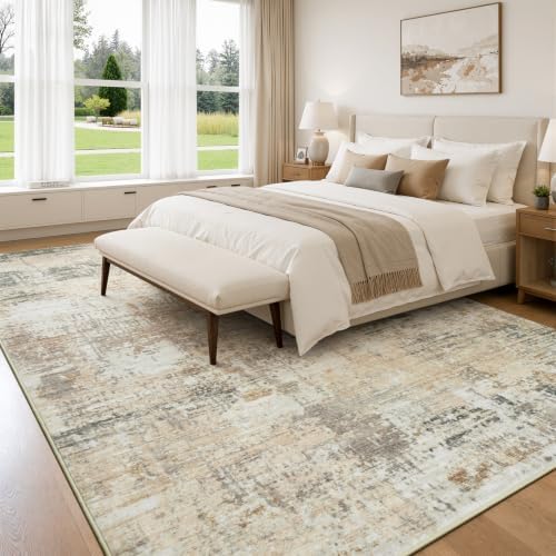 Rugflix 5x7 Area Rugs for Living Room, Washable Gold Beige Grey Large Rug