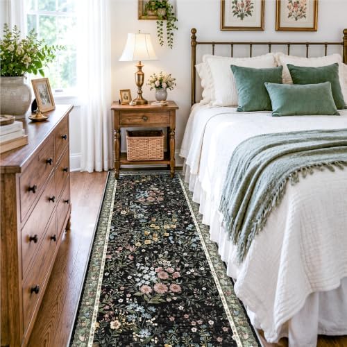 Washable Hallway Runner Rug 3x8: Vintage Botanical Floral Rug for Apartment Hallway Foyer - Machine Washable Non Slip Low Pile Carpet - Soft Foldable Runner for High Traffic Areas - 3'x8' Black