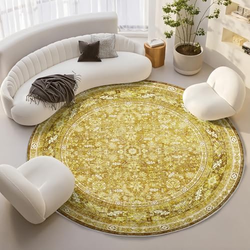 OPPODREAM Vintage Yellow Area Rugs 8' Round, Washable Rug for Living Room