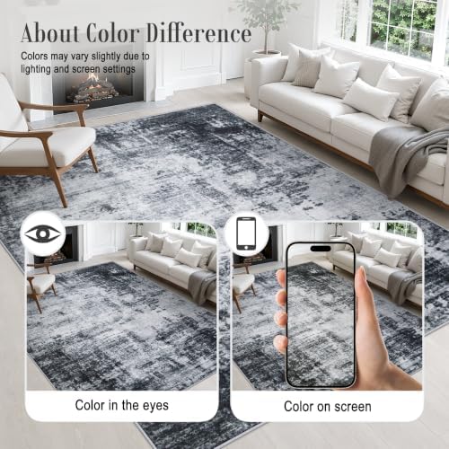 5x8 Area Rug Living Room: Modern Washable Soft Carpet Dark Black