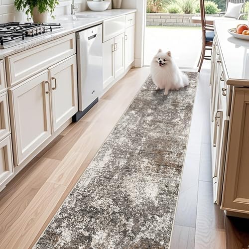 2x10 Washable Hallway Runner Rug – Non-Slip Stain-Resistant Low-Pile Long Carpet Runner for Kitchen Entryway Living Room Bedroom Bathroom, Modern Abstract Neutral (Brown Beige,2x10)