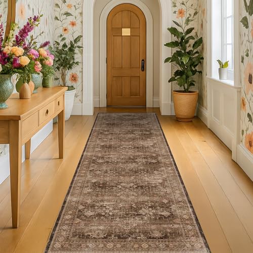Washable 10ft Long Runners for Hallways, Brown 2'6"x10' Wide Kitchen Runner Rug, Entryway Indoor Rug, Non Slip Rubber Backing Boho Vintage Dark Floor Decor