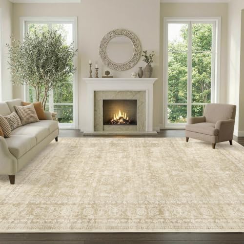 8x10 Ft Large Area Rugs for Living Room, Soft Non-Slip Machine Washable Rug, Vintage Stain Resistant Carpets for Bedroom Nursery Dining Room Home Decor (Beige)