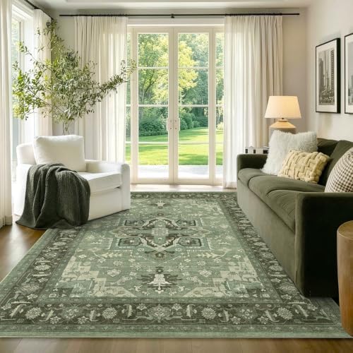 4x6 Ft Area Rugs for Living Room, Soft Non-Slip Machine Washable Rug, Vintage Stain Resistant Carpets for Bedroom Nursery Dining Room Home Decor (Green)