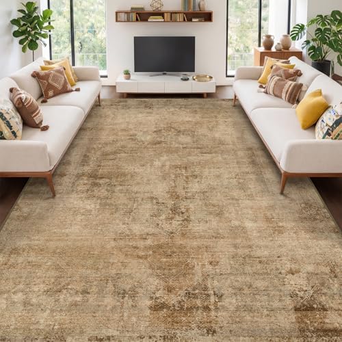 Farmhouse 8x10 Rugs for Living Room - Brown and Gold Dining Room Area Rugs for Bedroom, Washable, Soft, Lightweight & Stain Resistance, Neutral Dark Vintage Medallion Decor, Distressed Design