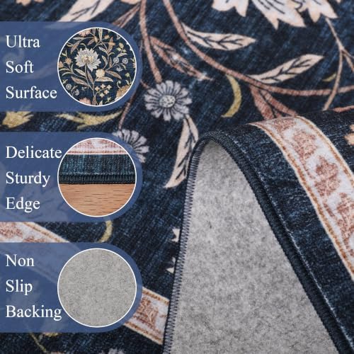 DUKINO 9x12 Area Rug for Living Room Vintage Floral Washable Rug, Navy Blue