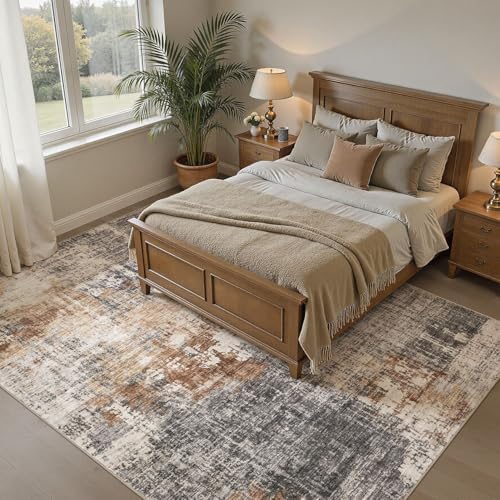 DMOYEST Area Rug Living Room Rugs - 7x9 Washable Large Soft Indoor Neutral Modern Abstract Low Pile Rug Carpet for Bedroom Dining Room Farmhouse Home Office - Grey Brown