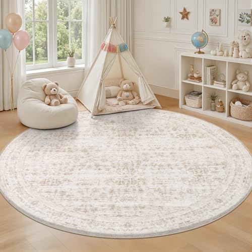 Round Area Rug for Living Room: 4ft Boho Washable Rug Beige Brown