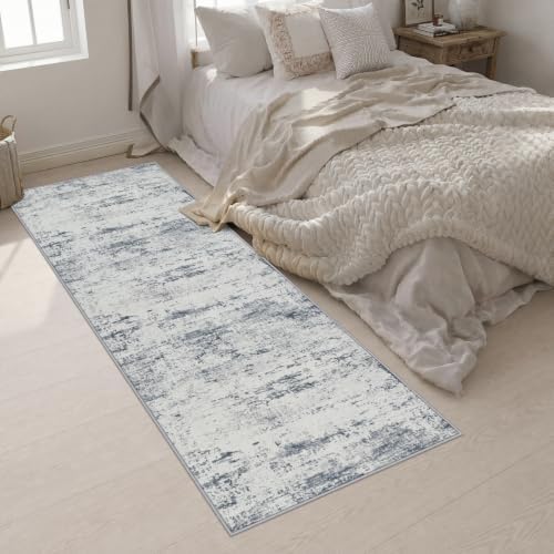 3x10 Washable Runner Rug：Modern Abstract Soft Carpet Blue Grey