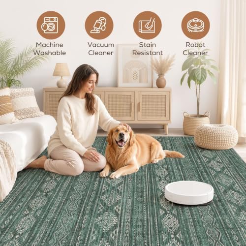 Nakagishi 8X10 Area Rugs Living Room: Washable Boho Large Neutral Modern Soft Farmhouse Green Rug Stain Resistant Indoor Floor Non-Slip Carpet for Women Home Enthusiasts Aged 25-45 - Bedroom Room
