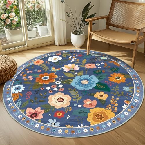 RELEANY Floral Washable Round 4ft Area Rug Blue/Grey