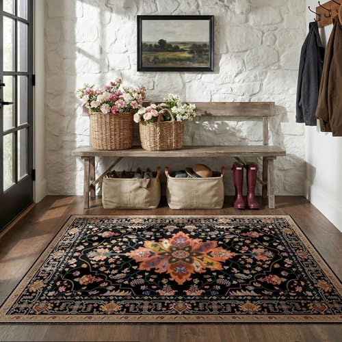 RELEANY Washable Area Rug, 5'x8', Black/Colorful