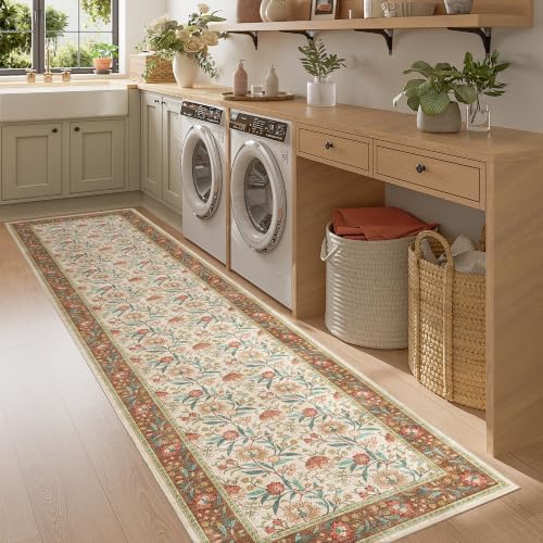 DUKINO 2x10 Runner Rug for Hallway, Washable Vintage Floral Rug, Brown