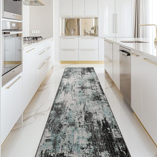 RELEANY Washable Runner 2'x10' Abstract Area Rug for Hallway Teal Black