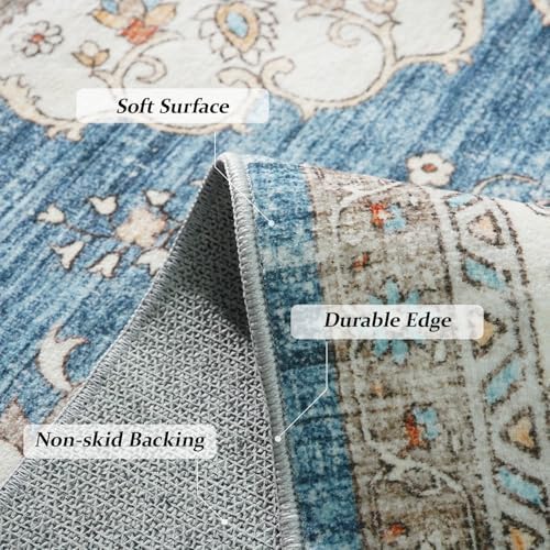 Ksrau 3x6 Runner Rug Washable Vintage: Non Slip Hallway Runners Blue/Beige