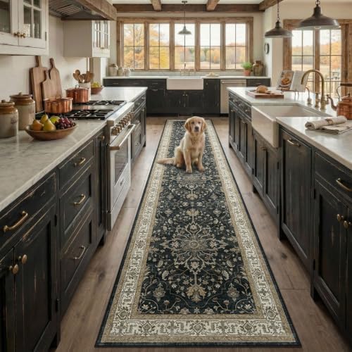 RELEANY Washable Area Rug, Runner 2'x9', Black/Vintage/Beige
