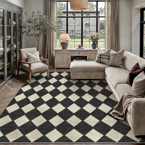 PureCozy Black 9x12 Washable Area Rug Living Room Non Slip Checkered Carpet