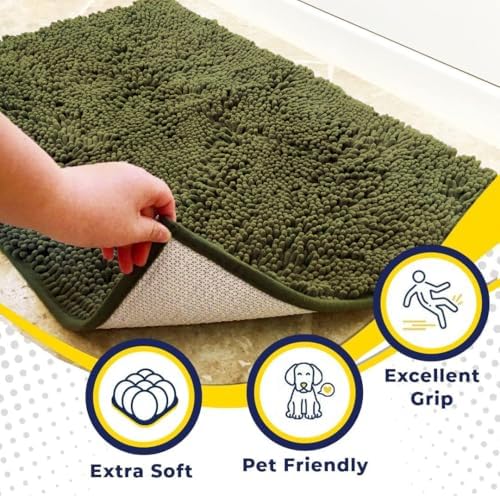 Muddy Mat® | Super Water Absorbent Door Mat Indoor, Microfiber Quick Dry Chenille Entryway Rug, Slip Resistant Front Door Mat, Indoor Mats for Entryway, Machine Washable Pet Rug, Army Green 24" x 72"
