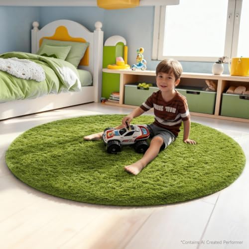 Ophanie Round Rug 5Ft Green Circle Area Rug, Green Room Decor, Fluffy Fuzzy Bedroom Carpet, Plush Soft Shaggy Living Room Rugs for Kids Home Decor Aesthetic, Nursery with Over 99 pcs Pile fibers