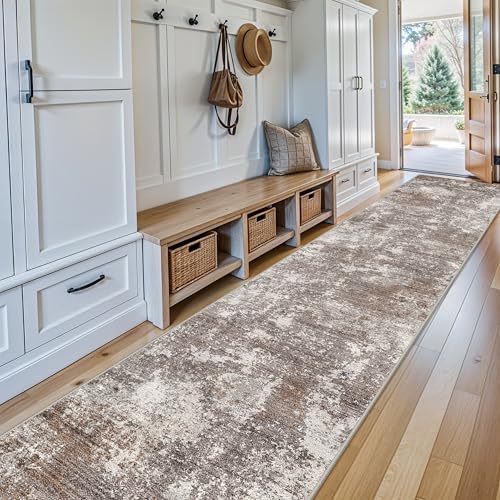 3x16 ft Non-Slip Hallway Runner Rug Washable Rubber Backed Large Carpet Runner for Hall, Kitchen Floor, Entryway, Bedroom, Living Room Abstract Modern Neutral Low-Pile Thin Brown Beige