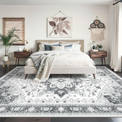 Machine Washable Rugs 9x12,Vintage Floral Area Rugs,Large Carpet Grey