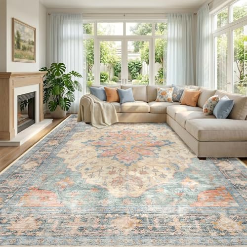 RELEANY Washable Area Rug, Large 10'x12', Blue/Orange/Red