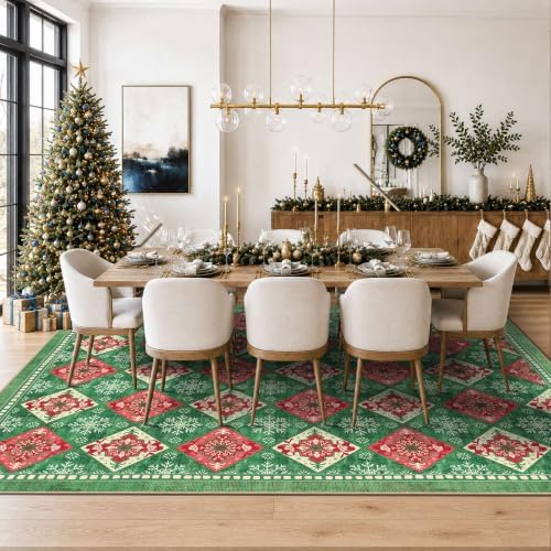Green Christmas Area Rug 8x10, Large Checkered Washable Rug for Living Room