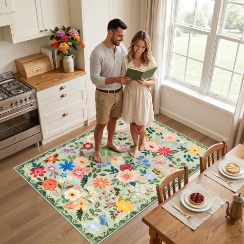 PLHXFR Area Rug Living Room: 3x5 Floral Washable Boho Soft Carpet Green