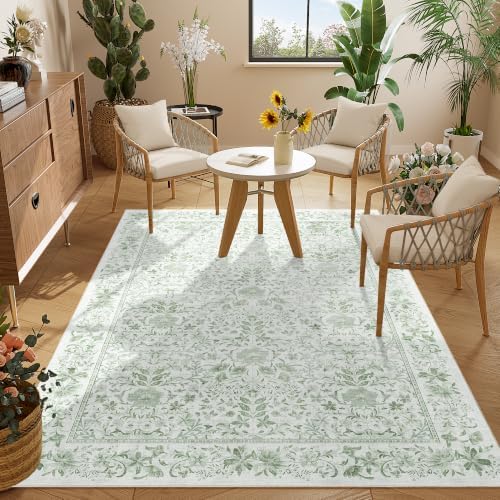 DUKINO 3x5 Rug Washable Vintage Floral Bedroom Area Rug Non Slip Sage Green