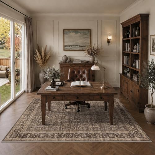 JOOJA 5x7 Dark Brown Vintage Washable Area Rug, Low Pile Living Room Rug
