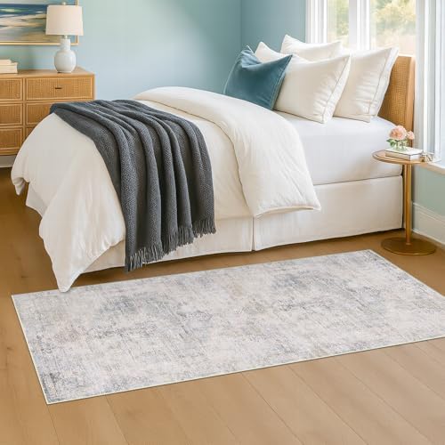 Hazo Haus Light Blue 2x5 Bathroom Runner Rug, Non-Slip Washable Runner for Kitchen, Laundry Room & Hallway, Abstract Design with Tan Accents, Eclectic Décor, Distressed Design